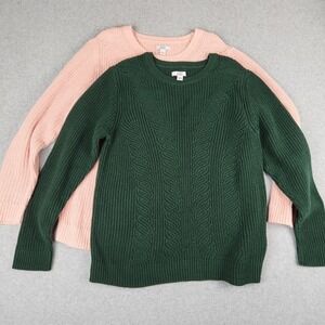 Croft & Barrow Womens L Cable Knit Crewneck Sweater Bundle Green Pink 2 Pack